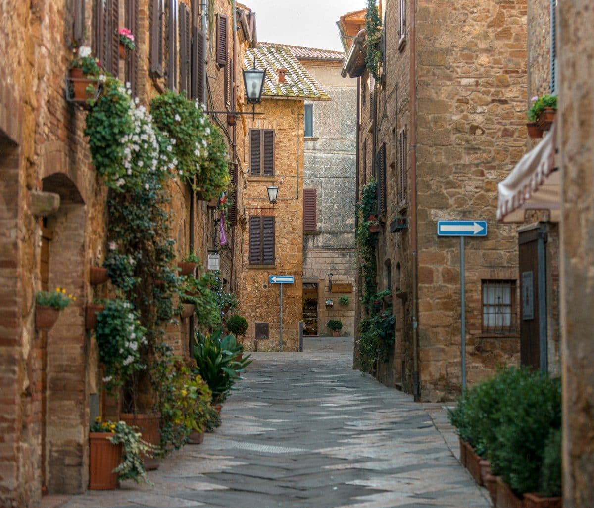A narrow alley with potted plants on both sides in a Tuscan town