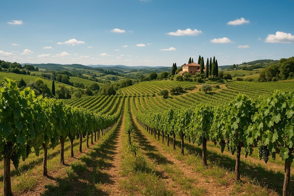Rows of vineyard leading up to a Tuscan villa on a hill